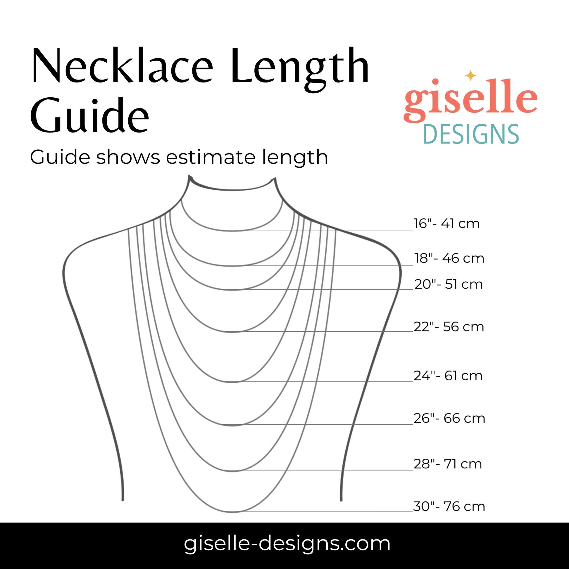 Necklace length guide with measurements on a mannequin neck, branded with 'giselle DESIGNS'.