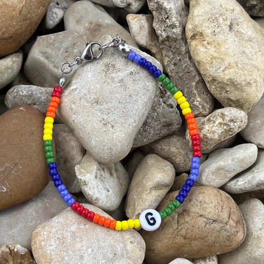Rainbow beaded bracelet with a initial G