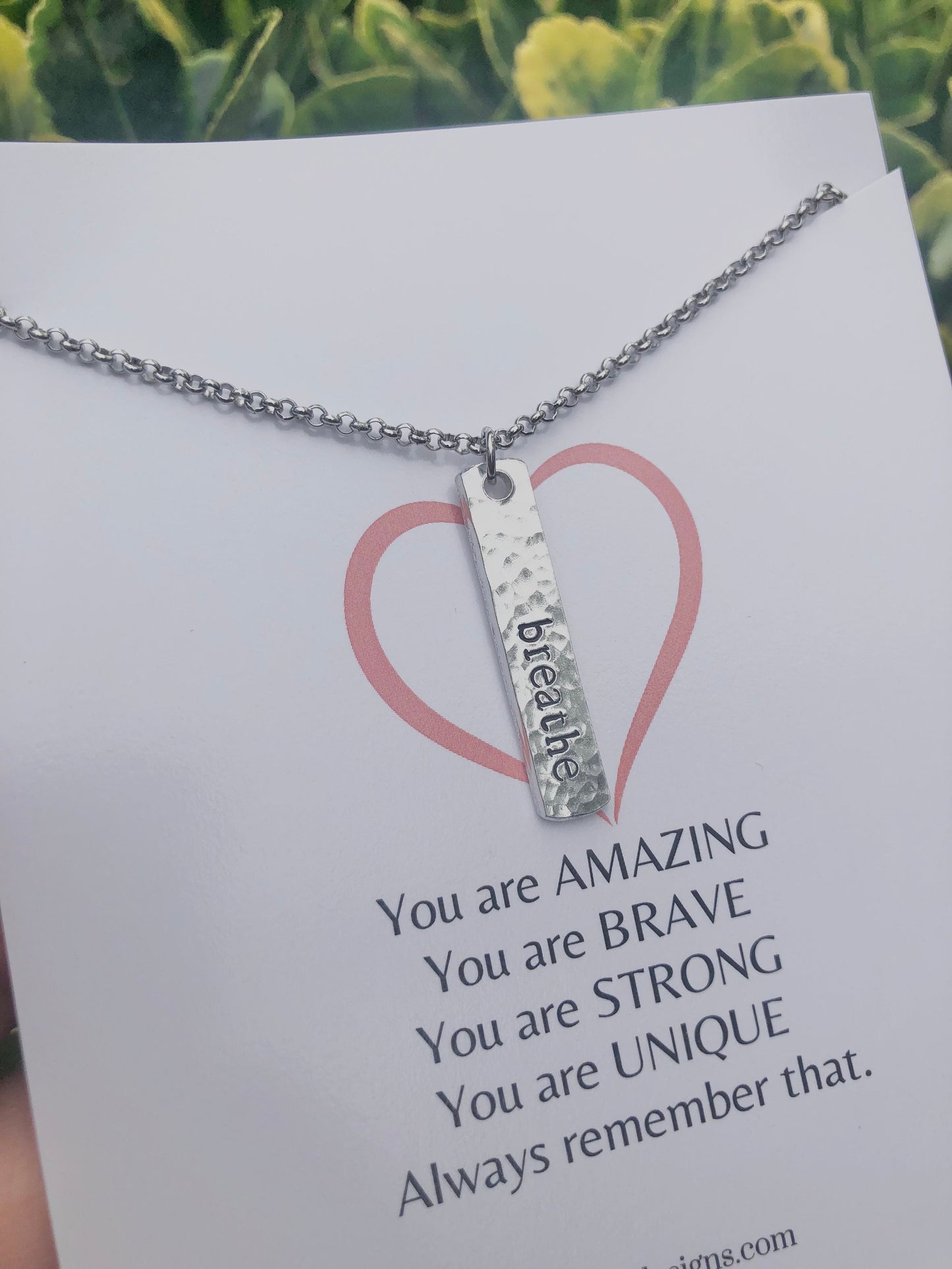 Breathe Bar Necklace: Hand Stamped Aluminum Pendant, Inspirational Jewelry