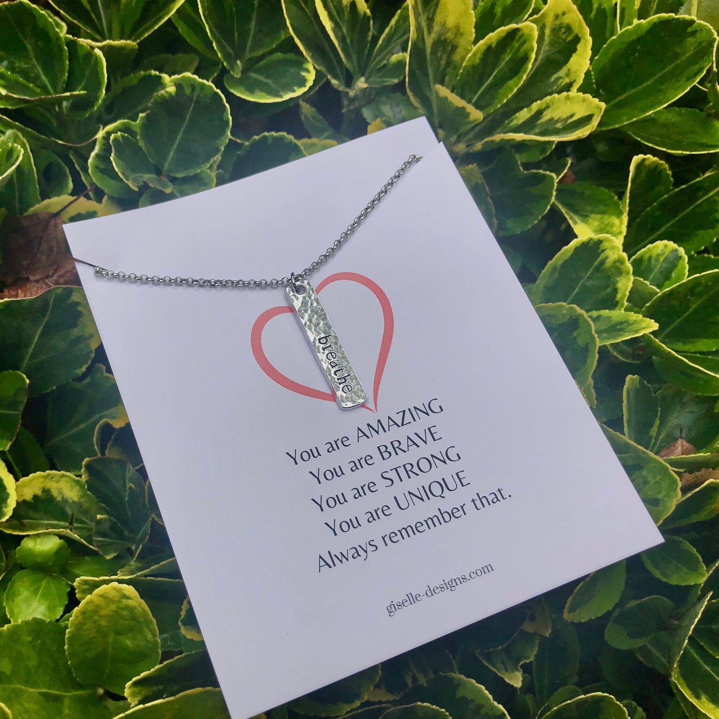 Breathe Bar Necklace: Hand Stamped Aluminum Pendant, Inspirational Jewelry