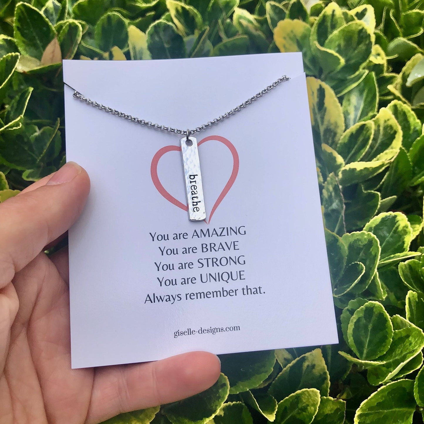 Breathe Bar Necklace: Hand Stamped Aluminum Pendant, Inspirational Jewelry