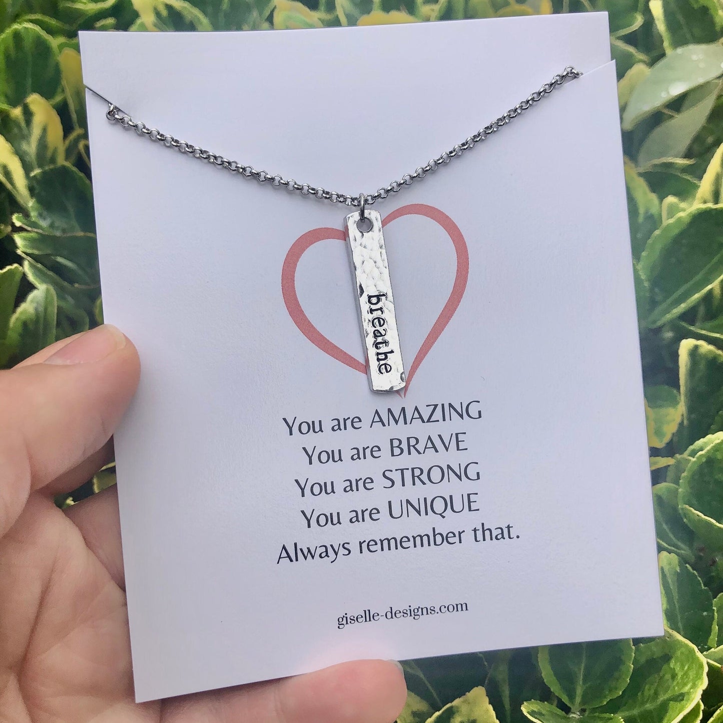 Breathe Bar Necklace: Hand Stamped Aluminum Pendant, Inspirational Jewelry