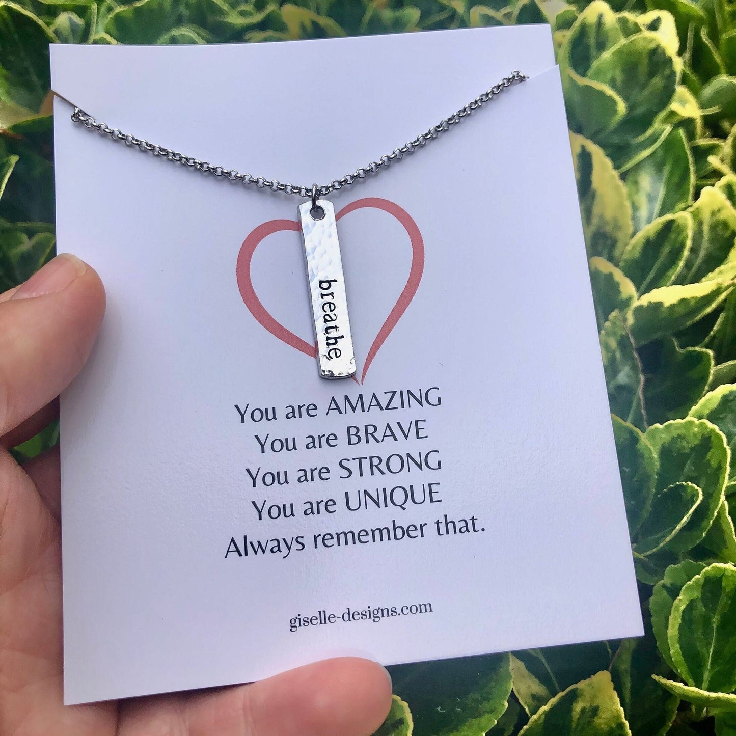 Breathe Bar Necklace: Hand Stamped Aluminum Pendant, Inspirational Jewelry