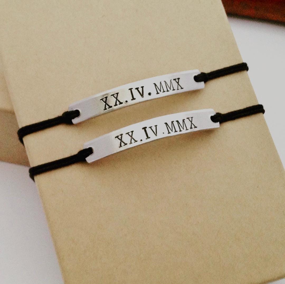 Roman Numeral Date Bracelet Set - Couples Matching Jewelry