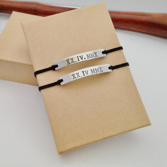Roman Numeral Date Bracelet Set - Couples Matching Jewelry
