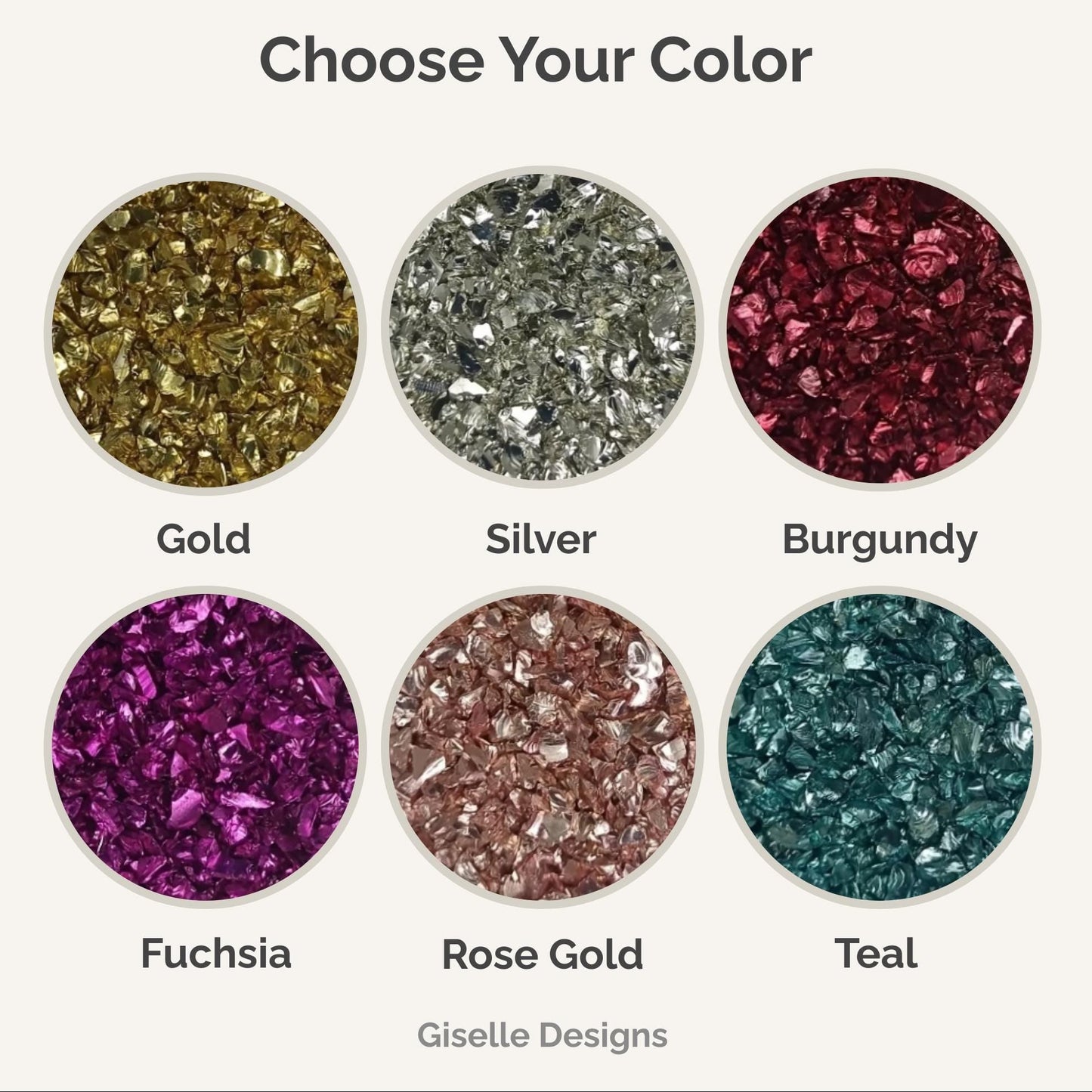 Color swatches for glitter options including Gold, Silver, Burgundy, Fuchsia, Rose Gold, and Teal with Giselle Designs branding.